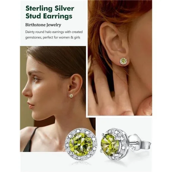 Peridot Earrings Round Cut Women | 925 Sterling Silver | August Birthstone - Picture 3 of 7